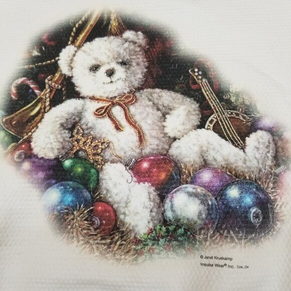 ✅Womens M VTG Ugly Christmas Sweater White Embossed Teddy Bear Janet Kruskamp - Picture 2 of 12